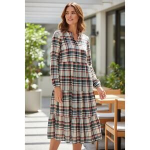 Beeson River Tan Plaid Midi Dress Tiered Long Sleeve Stretchy Knit Women's S